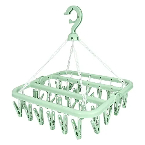 Sockentrockner Wäscheständer, Unterwäsche Kleiderbügel with 32 Clips, Faltbarer Wäscheständer Winddichter Aufhänger, Trockengestell Socken für Unterwäsche Babykleidung Kleine Wäscheartikel(Grün)