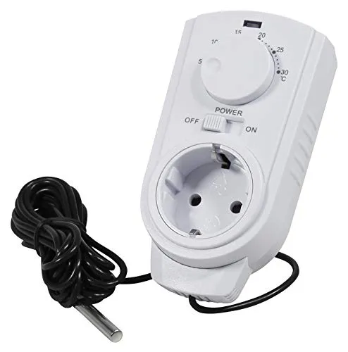 Analoges Steckdosen Thermostat 230V mit externem Fühler und langem Kabel, Zur Steuerung für Heiz und Kühlgeräte, +5°C-30°C einstellbar,