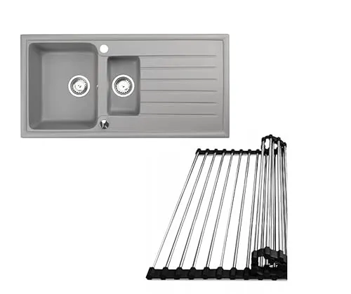 Faizee Home | Spülbecken Grau 100x50 cm aus Granit – Beidseitig montierbare Einbauspüle mit Abtropffläche | Küchenspüle inkl. Siphon-Set & Abtropfgitter | Für moderne Küchen