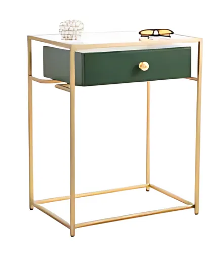 Eleganter Schmaler Konsolentisch in Gold und Grün - Stilvoller Beistelltisch aus Edelstahl mit Holz- und Glasplatte. Ideal für moderne Wohnzimmer, mit kompakten Maßen von 60 x 40 x 80 cm und 2 Jahren Herstellergarantie.