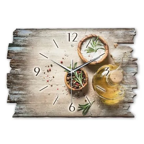 Kreative Feder Wanduhr „Gewürze“ aus Holz - Shabby Style Design - Handgefertigte Designer-Wanduhr aus Naturholz (40x27cm) mit flüsterleisem Uhrwerk. Ideal für eine ruhige Umgebung und ein stilvoller Blickfang in jedem Raum.