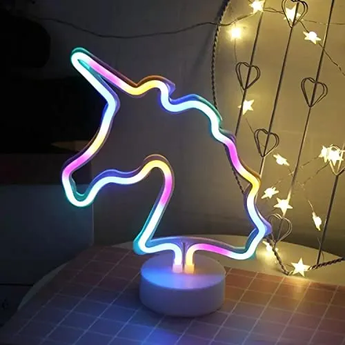 Neonlicht Einhorn bunt mit Fuß Sockel NEON LED Licht batteriebetrieben Aufsteller Tischlampe Leuchtreklame Lampe Leuchte Dekoration Kinderzimmer Schlafzimmer Beleuchtung Party Nachtlicht Stand
