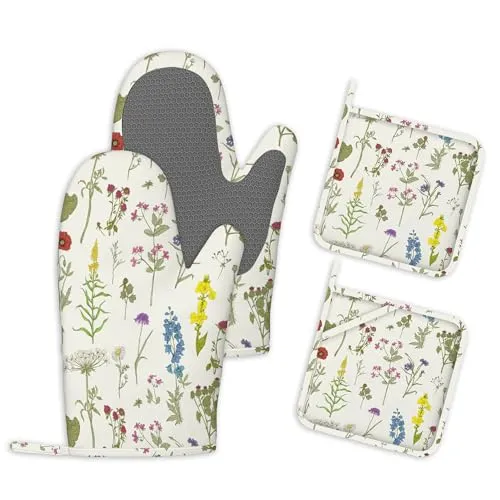 Botanische Blumen Ofenhandschuhe und Topflappen 4er-Set Topfhandschuhe Kochhandschuhe Hitzebeständig Silikon Küchenhandschuhe Backofen Handschuhe zum Kochen Grillen und Backen