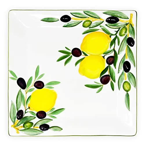 Lashuma Italienische Servierplatte mit Reliefdekor - Quadratische Keramikteller Zitrone Olive 27x27 cm - Servierplatten: Edle quadratische Keramikteller im Zitronen Design, handgemacht aus Italien, ideal für stilvolle Anlässe und Feinschmecker. Ein echter Blickfang auf jedem Tisch!