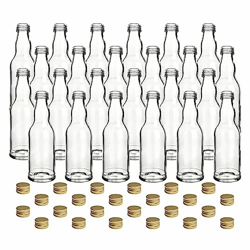 gouveo 24er Set Glasflaschen 200 ml mit Schraubverschluss - Praktisches 24er Set runder Glasflaschen (200 ml) für das Abfüllen und Aufbewahren von Flüssigkeiten. Ideal für Küche und Bar, mit klassischer Kropfhalsform und goldenem Schraubverschluss – perfekt für kleine Portionen.
