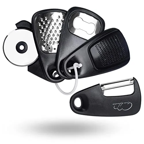 5er-Set Küchenhelfer, Mini Gemüseschäler Platzsparendes Küchenzubehör, Campingzubehör, Käse Schokoraspel, Flaschenöffner, Pizzaschneider, Knoblauch Ingwerreibe (schwarz)