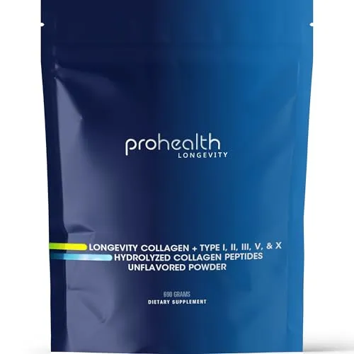 Produktbild ProHealth Longevity Kollagenpeptide Pulver 690g | 20g Portion | Multi-Typ Hydrolysiertes Kollagen Pulver I, II, III, V & X | Grasgefüttert Rind & Marine | Unterstützt Haut, Haare, Nägel & Gelenke