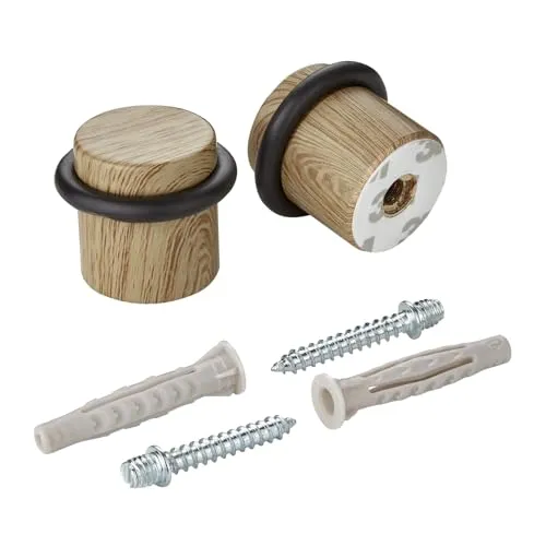 SOTECH 2er Set Stahl Türstopper STOPPER Bodenmontage (Ø 36 mm, Höhe 32 mm, Eiche Holzdekor) Anschlagschutz mit Gummipuffer zum Schrauben und Kleben