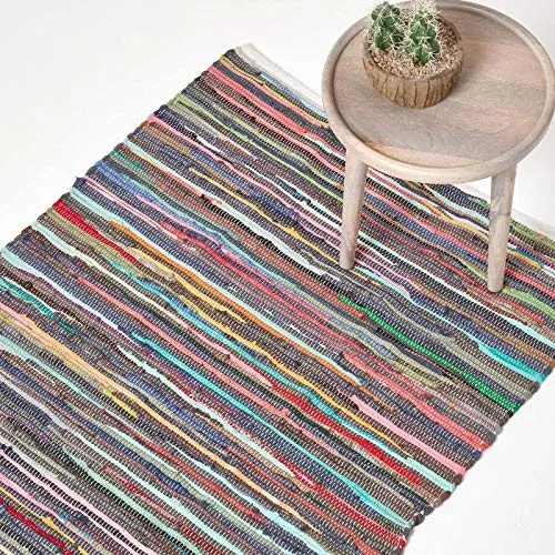Produktbild Homescapes Chindi-Teppich, handgewebt aus 100% recycelter Baumwolle, 70 x 120 cm, Flickenteppich mit bunten Streifen