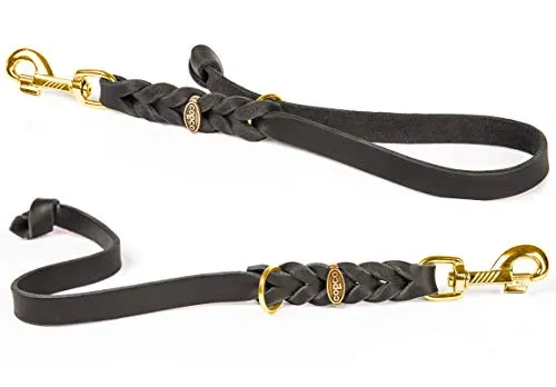 Fettleder Kurzführer, Führleine, Kurzleine (35 cm x 10 mm Messing, Schwarz)