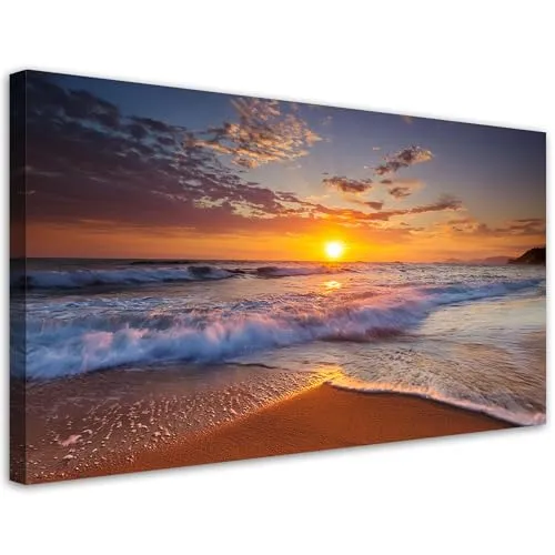 Feeby Leinwandbild - Bilder Wohnzimmer - Strand Meereslandschaft - 80x40 1tlg - Deko Schlafzimmer - Wanddekoration - Aesthetic - Groß Moderne Bild - Foto auf Leinwand
