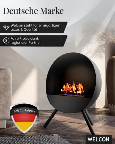WELCON Echtfeuer-Dekokamin Bergen – Moderner Bioethanol Standkamin - Skandinavischer Standkamin aus Stahl mit TÜV-zertifiziertem Sicherheitsbrenner. Einfach aufstellen und das Flammenspiel genießen. Raucherfreie Verbrennung für ein angenehmes Ambiente.