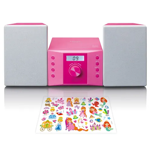 Lenco MC-013PK Stereoanlage - Bunte Kinder Musikanlage mit CD-Player, FM-Radio und AUX, individuell gestaltbar mit Stickerbogen – ideal für kreative Musikstunden im Kinderzimmer.