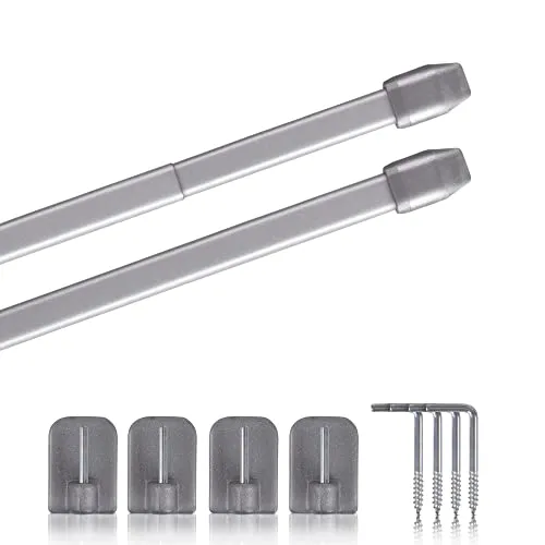 Vitragestangen 2er Pack ausziehbar, 2 Gardinenstangen mit Selbstklebehaken - Befestigung ohne Bohren - (Farbe: silber, Größe: 110-150cm)
