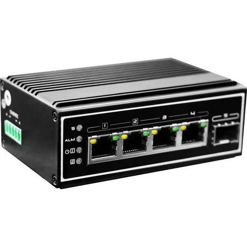 LevelOne IGP-0502 - Robuster PoE+ Switch für extreme Temperaturen - Netzwerk-Switch für -40 °C bis 75 °C, 4 x 10/100/1000 (PoE+) und 1 x Gigabit SFP. Ideal für industrielle Anwendungen mit 120 W PoE+ Leistung.