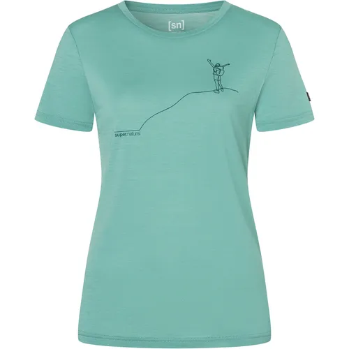 Super.Natural W Bergglück Tee lagoon green/pacific (18I) L - Kurzärmliges Merino T-Shirt für Damen mit inspirierendem Berg-Print. Ideal für Freizeit und Wandern, überzeugt durch Atmungsaktivität und hohen Tragekomfort. Langlebig und pflegeleicht.