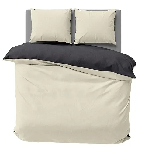 one-home Winter Bettwäsche Doubleface Uni Wende kuschelig flauschig warm weich Fleece, Größe:3 teilig 200x200 cm, Farbe:beige/anthrazit