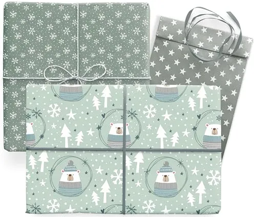 KuschelICH Geschenkpapier Set Weihnachten komplett mit Geschenkband und Geschenktüten (Eisbaer)
