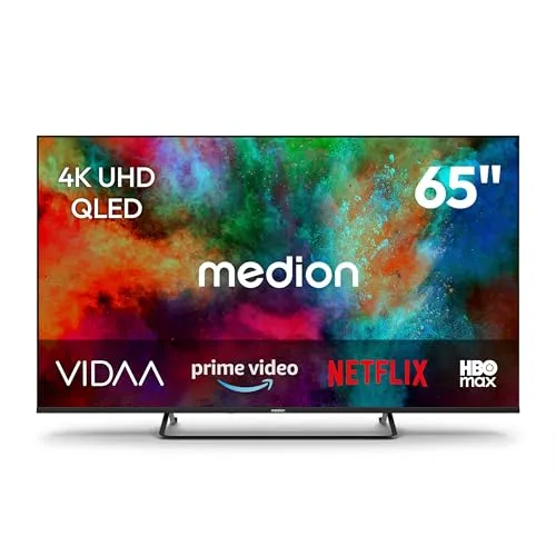 MEDION 65 Zoll QLED Smart-TV mit Dolby Vision HDR - Erleben Sie brillante Farben und Kontraste auf einem 163,9 cm (65 Zoll) QLED UHD Smart-TV. Genießen Sie zahlreiche Streamingdienste und ein intuitives Benutzererlebnis mit dem VIDAA App Store. Ideal für modernes Entertainment!