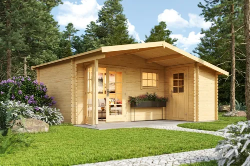 Gartenhaus Blockhaus Schuppen LITTLE ROCK 34 mm - Geräumiges Gartenhaus aus naturbelassenem Holz, mit 21,3 m² Fläche, abschließbar und einfach zu montieren, ideal für Gartenliebhaber.