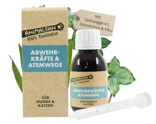 Animalsan Atemwege & Abwehrkräfte – flüssiges Ergänzungsfuttermittel für Hunde & Katzen – mit Spitzwegerich, Efeu & Isländisch Moos – kann Atemwege, Husten & Immunsystem unterstützen – 100 ml
