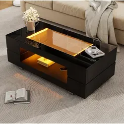 Couchtisch Schwarz Aus Spanplatte Und Hartglas 100 Cm Mit Led Und 2 Ablagen