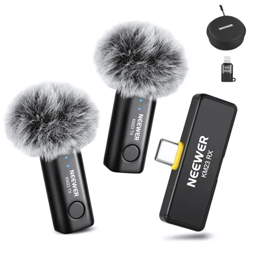 NEEWER Wireless Lavalier Mikrofonsystem, 1 x USB C Empfänger mit OTG Adapter 2 x Rauschunterdrückung omnidirektionaler Kondensator Sender, kabellos Mic kompatibel mit iPhone 16 Pro Max S24 Ultra, KM23