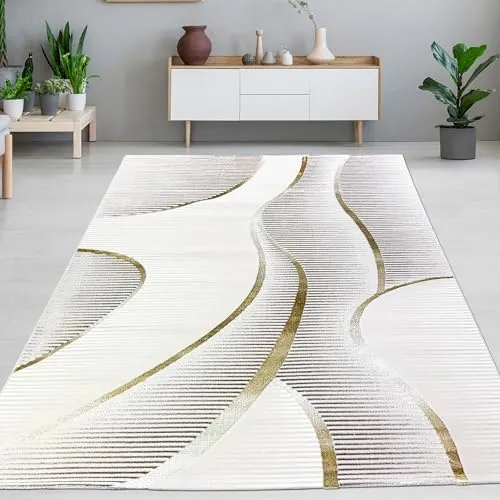 CARPETIA Teppich Wohnzimmer Schlafzimmer Kurzflor geschwungene Linien modern luxuriös elegant Glanzeffekt Creme Gold 240 x 340 cm