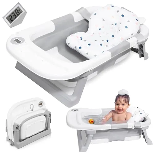 Baby Badewanne, Babywanne, Badewanne Baby Mit Thermometer Und Badekissen, Babybadewanne, Baby Badewanne Faltbar für Neugeborene Kleinkinder, Baby Wanne, Baby Bathtub, faltbare badewanne kinder