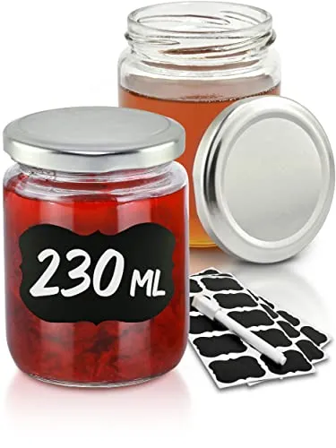 Praknu 25 Marmeladengläser 230 ml mit Deckel - Einmachgläser Set mit 25 luftdichten, spülmaschinenfesten Gläsern (230 ml) und Etiketten. Ideal für Marmelade, Gelee und zum Verschenken!