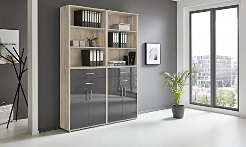 BMG Möbel Aktenschrank Office Edition Set 20 - Schränke für das Heimbüro, Made in Germany mit eleganten Metallgriffen und anthrazit glänzender Front für stilvolles Bürodesign.