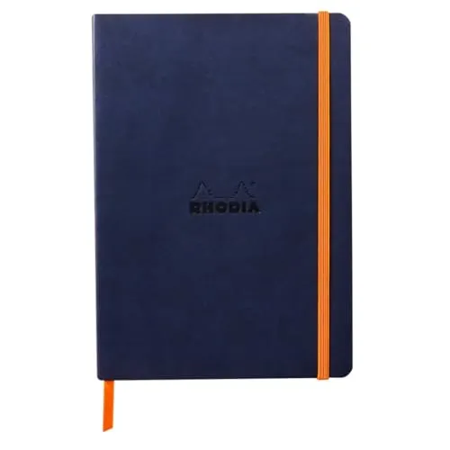 Rhodia 117444C - Notizheft Softcover Rhodiarama DIN A5 (14,8x21 cm), 80 Blatt, liniert Clairefontaine Papier Elfenbein 90g Lesezeichen, Gummizugverschluss, Cover aus Kunstleder Nachtsblau, 1 Stück