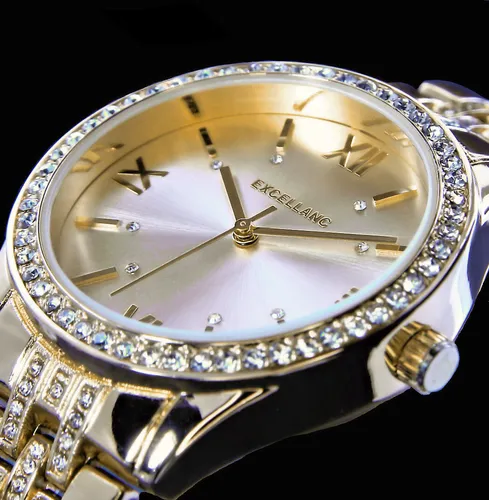 Excellanc Damenuhr mit Metallarmband und Similibesatz - Elegantes Design in Goldfarben - Damenuhr mit hochwertigem Quarzuhrwerk und glänzendem Metallarmband, ideal für modebewusste Frauen. Funkelnde Similisteine setzen besondere Akzente.