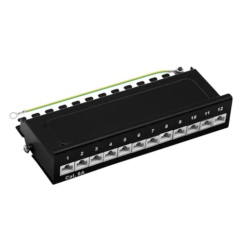 ProfiPatch Cat6a Patchpanel Patchfeld 12 Port Verteilerfeld für Keystone Module RJ45 Desktop und Wandmontage 1HE schwarz