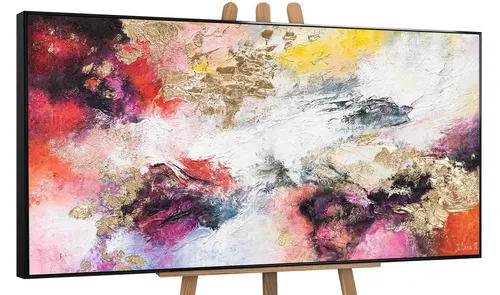YS-Art Gemälde Heller Garten, Abstrakte Bilder, Leinwand Bild Handgemalt Abstrakt Bunt Gold Rot Lila Gelb