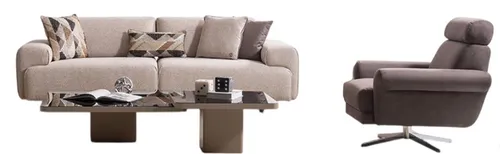 Elegantes Möbelset: Sofa, Sessel & Couchtisch in Beige - Stilvolles 3-teiliges Möbelset für das Wohnzimmer. Inklusive Sofa mit verstellbarer Rückenlehne und Kissen, ideal für gemütliche Stunden. Maße Sofa: 245 x 105 x 80 cm, Couchtisch: 90 x 90 x 45 cm.