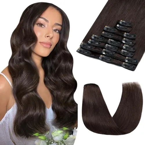 Echthaar-Extensions mit Clip 8 Strähnen 18 Clips Standard-Haarverlängerungen 45cm-70g 02# Marrone Scuro