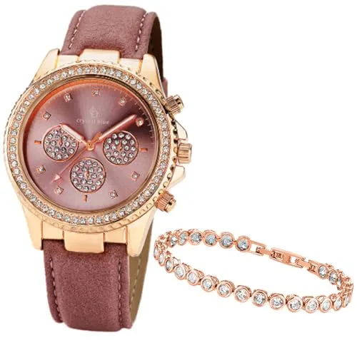 Crystal Blue Damen Armbanduhr Set Damenuhr Chrono-Style Leuchtzeiger Armband braun mit Tennisarmband Rose 2322