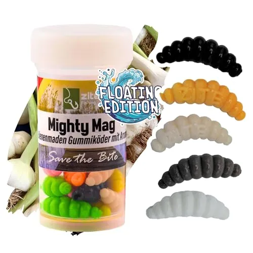 Zite Fishing Mighty Mag Floating Edition - Auftreibende Gummiköder Forellen-Angeln - Künstliche Bienenmade - UV-Aktiv - fängige Farbauswahl - Knoblauch- & Käsearoma (Natur Mix Knoblauch)