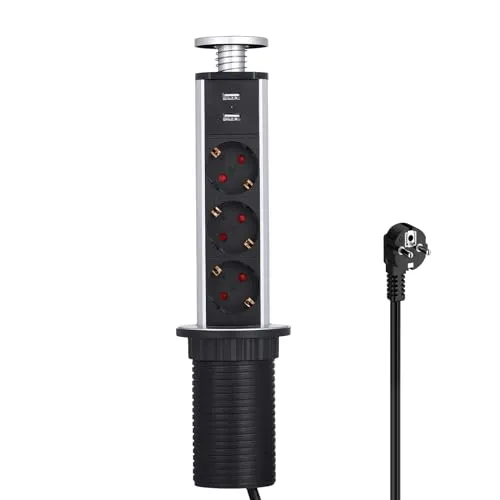 LEUTED 3 Fach Versenkbare Steckdose Überspannung,Versenkbare Steckdosenleiste mit USB, 1.8m Kabel, Schreibtisch Steckdose Versenkbar für Arbeitsplatte Küche Büro,Ø 60 mm, Silber