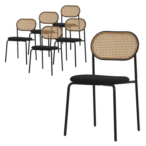 ML-Design Esszimmerstühle 6er Set Schwarz mit Rattan Rückenlehne - Elegante, gepolsterte Esszimmerstühle im 6er Set mit stilvollem Rattan-Design. Ergonomische Form, stabiler Stahlrahmen und Bodenschoner für perfekten Komfort und Schutz deines Bodens. Ideal für jeden Esstisch!