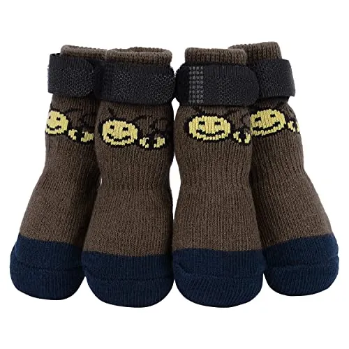 PETLOFT Anti-Rutsch Hundesocken, 4 Stück Indoor rutschfest Hundesocken mit Einstellbar Abnehmbar Befestigungsband für kleine mittelgroße Hunde Katzen Welpen Altere Haustiere (3XL, Braune Pfote)