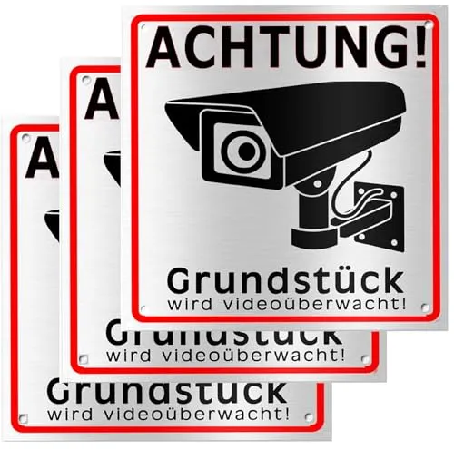 Videoüberwachung Schild Privatgrundstück, 3 Stück - Wetterfest und stabil - Wetterfeste Videoüberwachung Schilder aus Aluminiumlegierung, ideal für private und gewerbliche Nutzung. Informieren Sie Besucher und potenzielle Eindringlinge zuverlässig. Einfach zu montieren und langlebig.