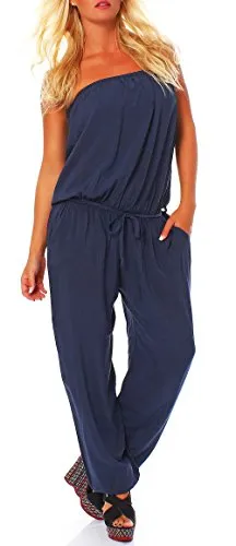 malito Damen Jumpsuit Dunkelblau - Stilvoller Einteiler mit Carmen-Ausschnitt - Bequemer Damen Jumpsuit in Dunkelblau mit femininem Carmen-Ausschnitt. Ideal für Sommer, Strand und Freizeit – atmungsaktiv und figurschmeichelnd durch Gummizug und Taschen.