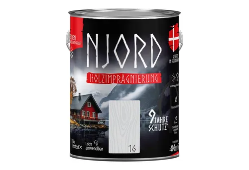 NJORD Holzgrundierung 5L - (16) Morgenfrost - Hochwertige NJORD Holzimprägnierung für dauerhaften Holzschutz. Resistent gegen Feuchtigkeit und extreme Wetterbedingungen. Einfache Anwendung und natürliche matte Beschichtung für eine attraktive Holzoptik.