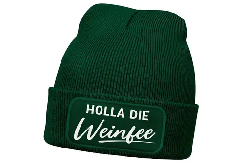 MoonWorks Strickmütze Damen Beanie mit Patch Strickmütze mit Spruch Holla die Weinfee