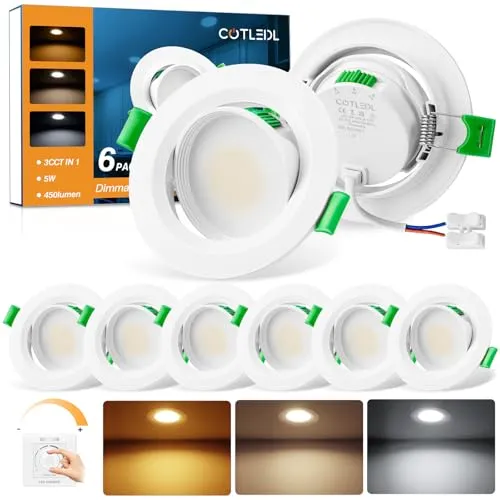 COTLEDL LED Einbaustrahler 230V Dimmbar, 5W LED Spots 68mm Lochmaß Warmweiß Neutralweiß Kaltweiß Deckenspots, IP44 Schwenkbar Einbauleuchten für Badezimmer Wohnzimmer Küche, 6er Set