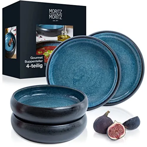 Moritz & Moritz Suppenteller 4-tlg. REACTIV - Teller-Set aus 4 robusten Steinzeug-Schalen, ideal für Suppen und Salate. Mit mattem Schwarz und blauem Innenraum setzen Sie Ihre Gerichte perfekt in Szene.
