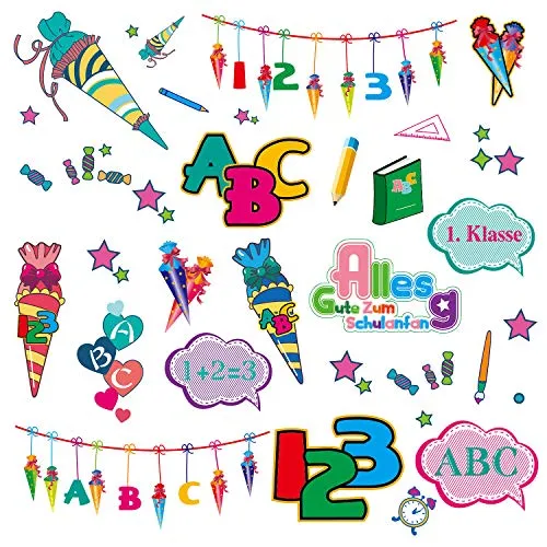 Produktbild Oblique Unique® Kinder Sticker Set Schule für Schuleinführung Schulanfang Einschulung Aufkleber mit ABC Buchstaben Zahlen Zuckertüte Kindergeburtstag Party Spielen