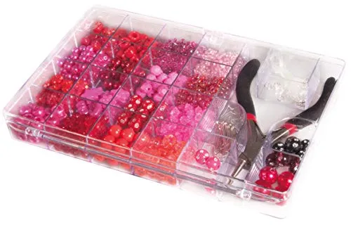Rayher 14797264 Perlen-Box mit Zange, 20 x 13,5 cm, Inhalt 180 g, Rosé-/Pink-/Rottöne, Farb- und Größenmix, Perlen zum Auffädeln, Kunststoffperlen, Plastikperlen